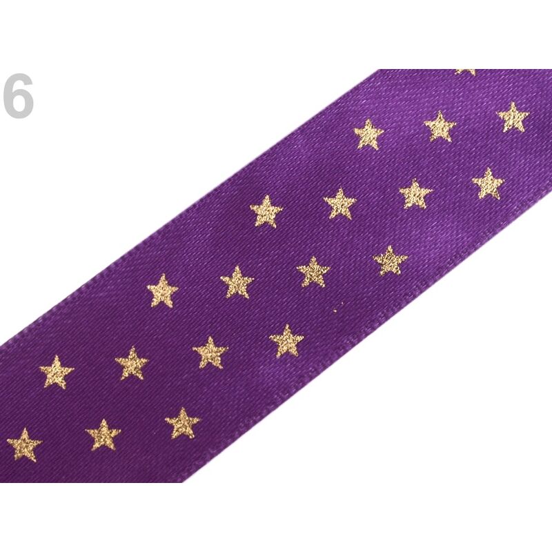 Satin purple ribbon with gold stars, 25mm - 420945-6 - 5m