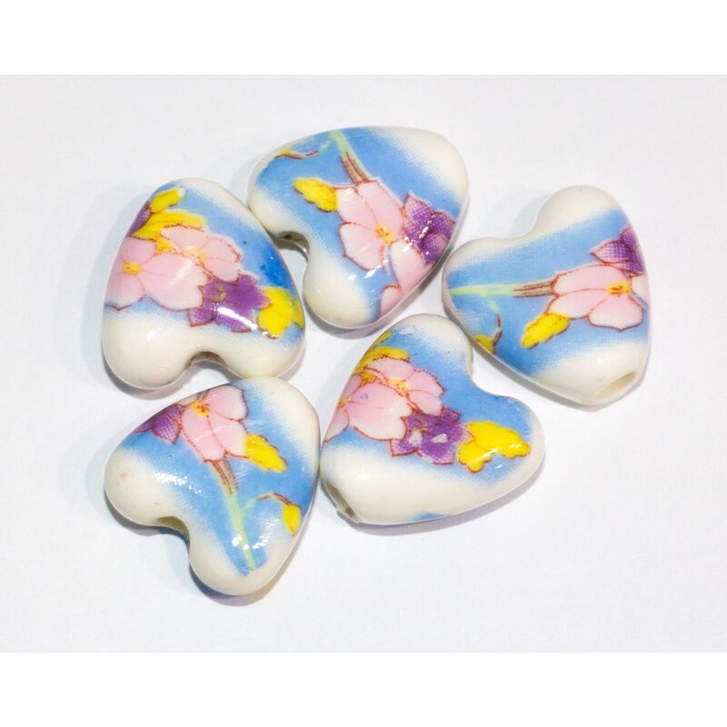 Mărgele porțelan, Flora Hearts 14x14mm, 5buc