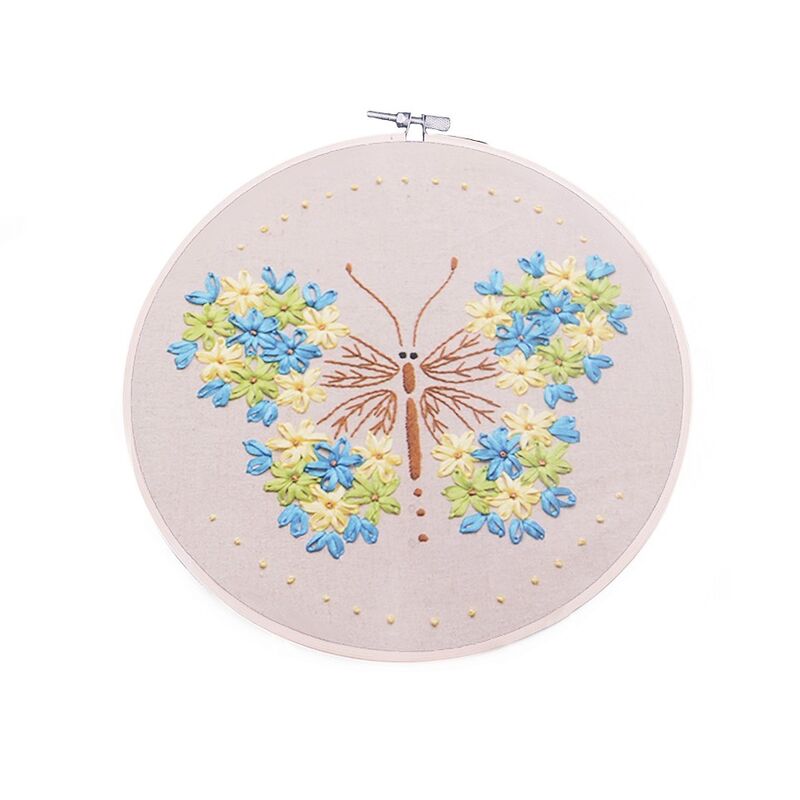 Set de brodat pretipărit cu gherghef, ac și ață, 26,5x26,5cm, flori