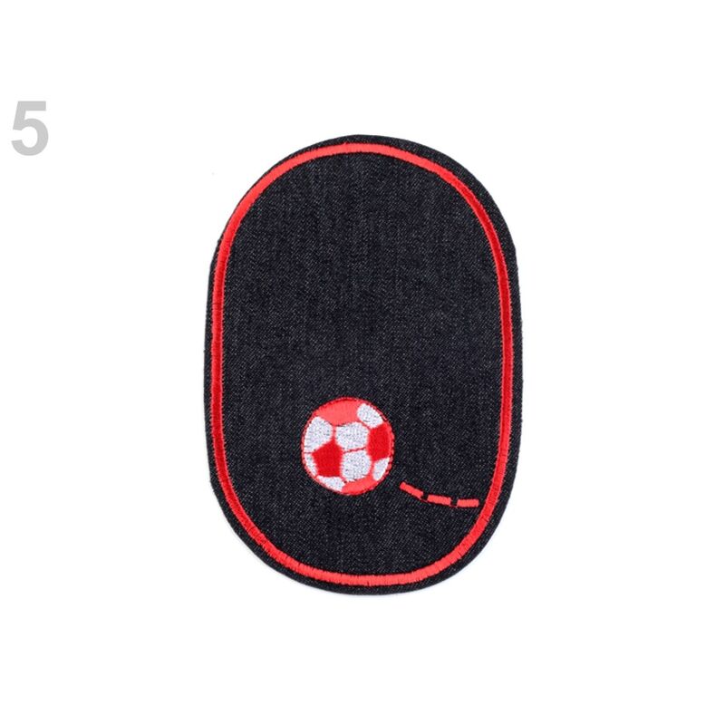 Jeans sticker with red soccer ball, light blue background