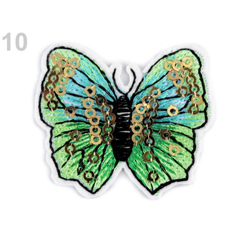 Ornamente termoadezive | Aplicatie termoadeziva brodata cu paiete, fluture, verde 40x45mm, 1buc | Kreativshop.ro