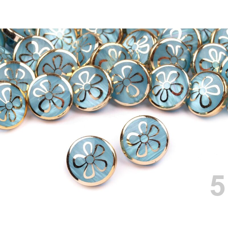 Plastic button shiny flower, 13mm - set 3pcs, blue/gold