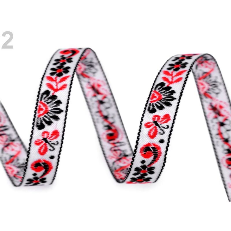 Woven band with traditional motifs, 10mm, white