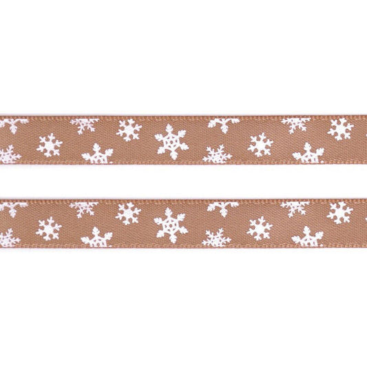 Panglică satinată, cu fulgi de nea, 10mm, 5m/buc