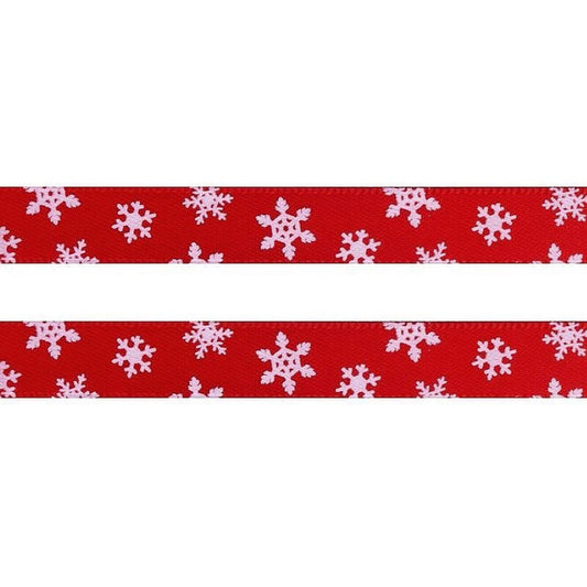 Panglică satinată, cu fulgi de nea, 10mm, 5m/buc