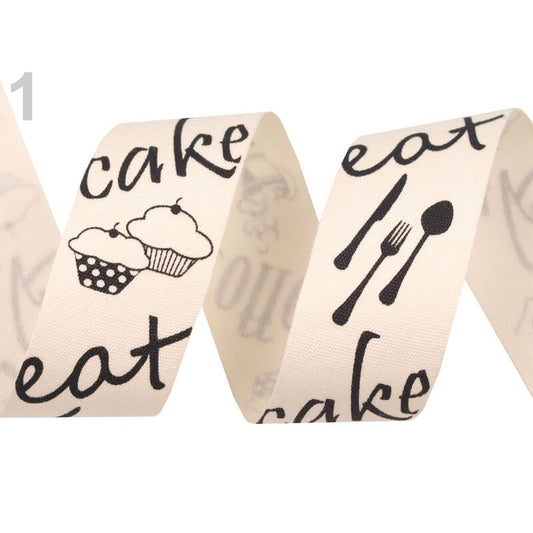 Panglica bumbac, 25mm, Eat cake, 3m 