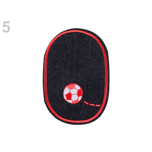 Jeans sticker with red soccer ball, light blue background
